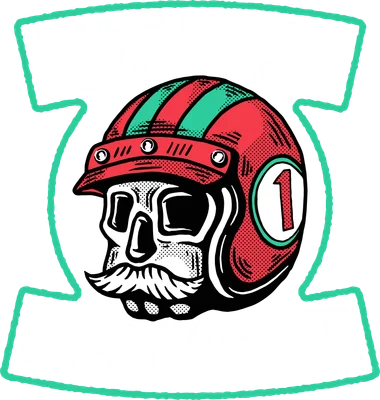 Hình minh họa đầu lâu có ria mép đội mũ bảo hiểm đua xe màu đỏ xanh lá, số 1, chữ 'LIFE FAST RIDE FASTER' trên nền xám.