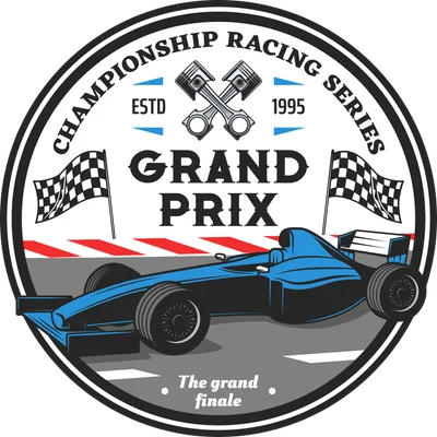 Hình ảnh logo Grand Prix với xe đua F1 màu xanh, cờ caro, piston và chữ 'Championship Racing Series'.