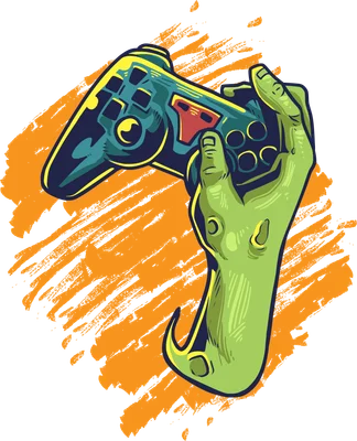 Hình minh họa tay zombie màu xanh lá cầm tay cầm chơi game màu xanh dương và vàng, với nền màu cam và xám.