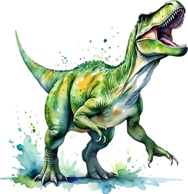 Hình vẽ khủng long bạo chúa T-Rex màu xanh lá cây, vàng và xanh dương theo phong cách màu nước đang gầm gừ.