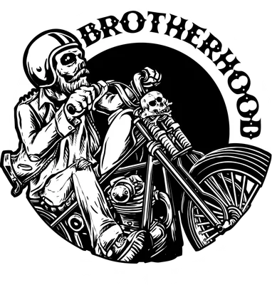 Hình minh họa đầu lâu lái xe mô tô phong cách cổ điển với chữ Brotherhood Custom Culture