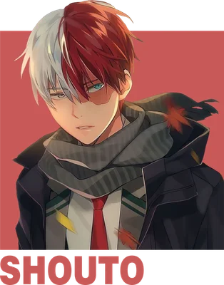 Hình ảnh anime Shoto Todoroki với mái tóc hai màu trắng đỏ, đeo khăn choàng và áo khoác, biểu cảm cool ngầu.