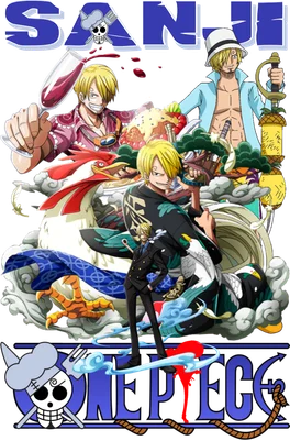Hình ảnh Sanji, đầu bếp của băng Mũ Rơm trong One Piece, với nhiều biểu cảm và trang phục khác nhau, xung quanh là rượu vang, hải sản và các sinh vật biển.