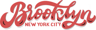 Thiết kế chữ Brooklyn New York City màu đỏ với viền trắng và bóng đổ, trên nền xám.
