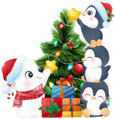 Hình ảnh minh họa gấu bắc cực và chim cánh cụt dễ thương cùng nhau trang trí cây thông Noel với quà tặng.