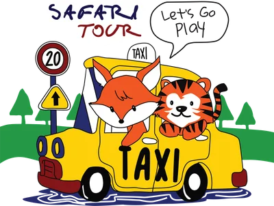 Hình vẽ hoạt hình cáo và hổ ngồi trong xe taxi màu vàng, có biển báo giao thông và bong bóng thoại.