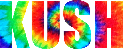 Chữ KUSH với họa tiết tie-dye nhiều màu sắc rực rỡ trên nền xám.