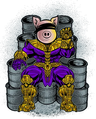 Hình vẽ một chú heo đội lốt Thanos, đeo băng đen trên mắt, ngồi trên chồng thùng kim loại.