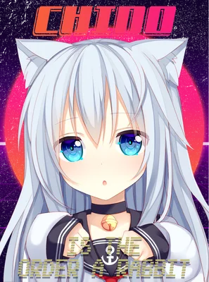 Hình ảnh cô gái anime tai mèo với mái tóc bạc, mắt xanh to tròn, đeo vòng cổ chuông, mặc đồng phục thủy thủ, nền retro tím hồng.