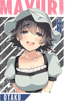 Hình ảnh cô gái anime với mái tóc ngắn màu xám, đội mũ rộng vành, mặc trang phục màu xanh nhạt, có nụ cười tươi.