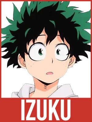 Chân dung cận mặt nhân vật anime Izuku Midoriya với đôi mắt mở to ngạc nhiên và mái tóc xanh lá đặc trưng.