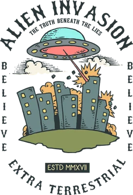 Hình minh họa hoạt hình UFO bay trên thành phố, bắn tia laser phá hủy các tòa nhà, với chữ Alien Invasion và Extra Terrestrial.