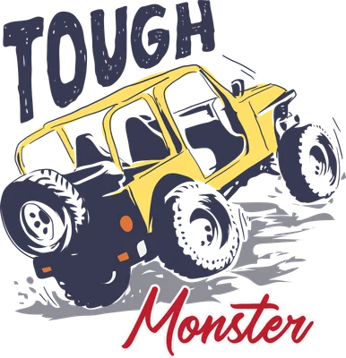 Hình vẽ xe jeep địa hình màu vàng đang vượt chướng ngại vật, với chữ 'TOUGH' và 'Monster'.