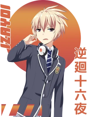 Hình ảnh chàng trai anime tóc vàng, đeo tai nghe, mặc đồng phục học sinh, biểu cảm hơi khó chịu.