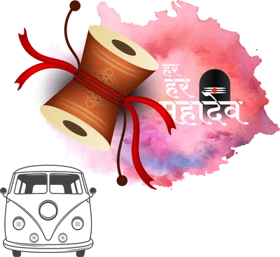 Hình ảnh trống Damaru và biểu tượng Shiva Mahadev với hiệu ứng màu nước hồng tím.