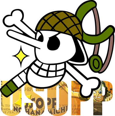 Hình vẽ nhân vật Usopp trong One Piece, đội mũ lính màu xanh rêu, cầm ná cao su, có chữ USOPP phía dưới.