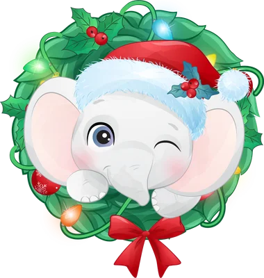 Hình ảnh minh họa voi con màu trắng đội mũ ông già Noel, nháy mắt, nằm trong vòng nguyệt quế Giáng Sinh có đèn và nơ đỏ.