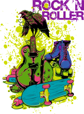 Thiết kế đồ họa Rock n Roller với chim quạ, đàn guitar, giày trượt và ván trượt phong cách graffiti
