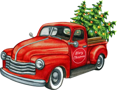 Hình vẽ xe tải đỏ cổ điển chở cây thông Noel trang trí đèn lấp lánh, có chữ "Merry Christmas"