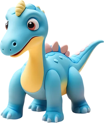 Hình ảnh 3D một chú khủng long con màu xanh dương và vàng, với gai lưng hồng, tạo hình đáng yêu và thân thiện.