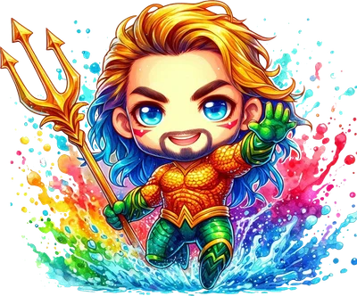 Hình ảnh chibi Aquaman với tóc vàng, râu, trang phục vảy cá màu cam xanh, cầm đinh ba vàng, xung quanh là vệt màu nước sặc sỡ.
