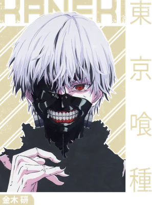 Hình vẽ Kaneki Ken từ Tokyo Ghoul với mái tóc trắng, đeo mặt nạ đen và có đôi mắt đỏ.