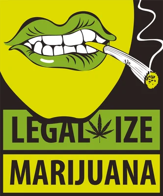 Hình ảnh minh họa đôi môi xanh đang hút một điếu thuốc lá, với dòng chữ 'LEGAL IZE MARIJUANA' bên dưới.