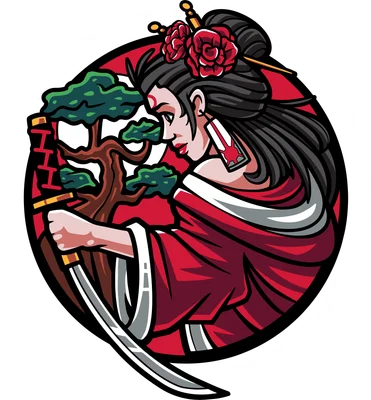 Hình minh họa nữ chiến binh Nhật Bản trong trang phục kimono đỏ, cầm katana sắc bén, với cây bonsai và hoa hồng cài tóc. Phong cách hoạt hình.
