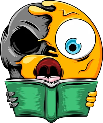 Hình minh họa emoji mặt cười tan chảy một nửa là đầu lâu đang chăm chú đọc cuốn sách màu xanh