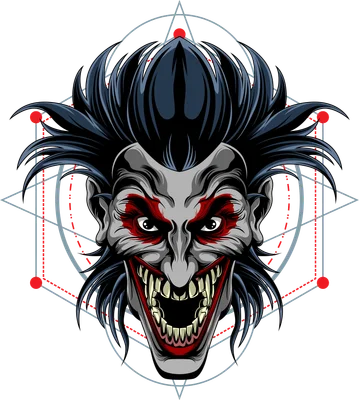 Hình ảnh minh họa chân dung Joker với khuôn mặt đáng sợ, đôi mắt đỏ rực và nụ cười rộng ngoác đầy răng nhọn.