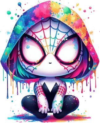 Hình ảnh Spider-Gwen chibi ngồi khoanh chân, đội mũ trùm đầu và trang phục đầy màu sắc splatter paint rực rỡ.