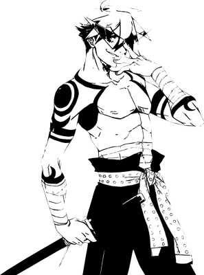 Hình vẽ phong cách anime/manga một chàng trai trẻ với mái tóc nhọn, đeo mặt nạ, cơ bắp săn chắc, có hình xăm trên cánh tay và cầm kiếm.