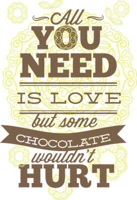 Hình ảnh typography với câu nói 'All you need is love but some chocolate wouldn't hurt' trên nền họa tiết mandala màu vàng nhạt và nâu.