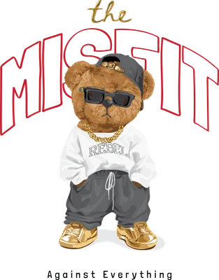 Hình ảnh gấu teddy mặc quần áo hiphop, đeo kính râm, dây chuyền vàng, đội mũ lưỡi trai, đứng với hai tay đút túi.