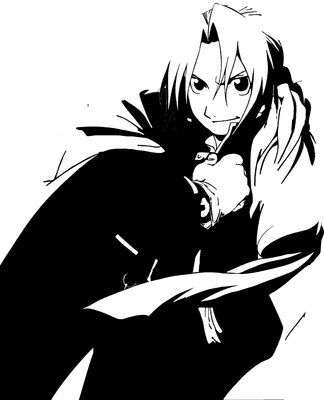 Hình vẽ anime đen trắng một chàng trai tóc vàng với áo khoác, tay cầm vật gì đó, nhìn thẳng về phía trước với vẻ quyết tâm.