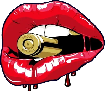 Hình ảnh minh họa đôi môi đỏ mọng, bóng bẩy, ngậm một viên đạn vàng có chữ 'Crooks & Castles'.