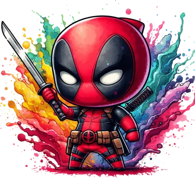 Hình ảnh Deadpool phiên bản chibi cầm kiếm katana, với hiệu ứng màu nước bắn tung tóe đầy màu sắc phía sau.