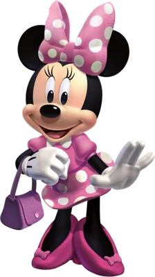 Minnie Mouse hoạt hình 3D mặc váy hồng chấm bi, nơ hồng và giày hồng, đang mỉm cười và vẫy tay.