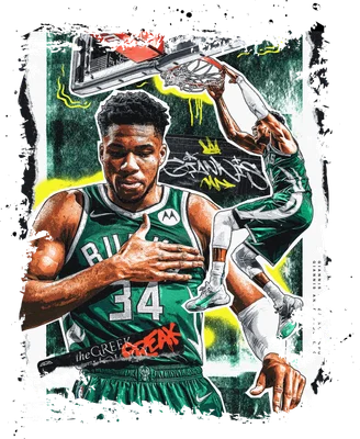 Hình ảnh minh họa Giannis Antetokounmpo đang thực hiện cú úp rổ, với hình ảnh khác của anh ấy ở phía trước.