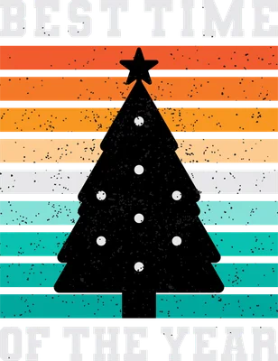Hình in cây thông Giáng Sinh màu đen trên nền sọc ngang cam, vàng, xanh ngọc và xám, kèm chữ 'BEST TIME OF THE YEAR'.