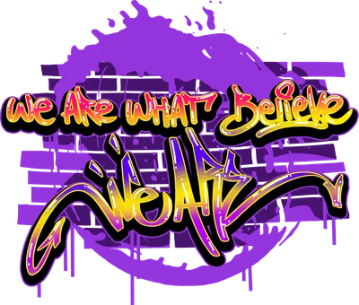 Hình ảnh graffiti chữ 'we Are WHAT Believe' và 'GIVE UP' màu tím, vàng, cam trên nền tường gạch và vết sơn.