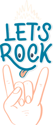 Hình ảnh minh họa chữ "Let's Rock" với biểu tượng bàn tay giơ ngón trỏ và ngón út, kèm theo khuôn mặt vui nhộn và lưỡi lè.