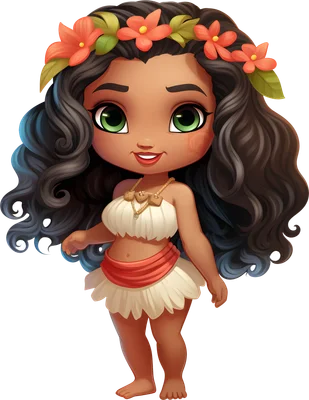 Bé gái Moana chibi dễ thương đội vòng hoa nhiệt đới tươi tắn