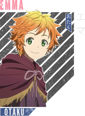 Hình ảnh nhân vật anime Emma với mái tóc vàng cam, mắt xanh lá, mặc áo choàng tím, có chữ EMMA và OT AKU.