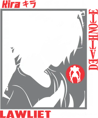 Hình in chuyển nhiệt nhân vật L Lawliet từ anime Death Note, phong cách tối giản, màu trắng trên nền xám.