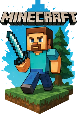 Nhân vật Steve Minecraft cầm kiếm, đứng trên nền đất với cây xanh và logo Minecraft.
