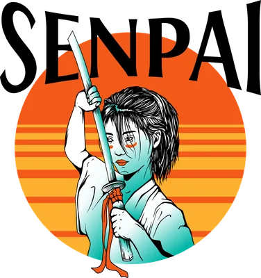 Hình minh họa nữ chiến binh Senpai cầm kiếm katana với nền mặt trời mọc