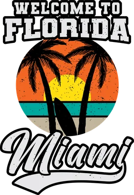 Hình ảnh chào mừng đến Miami Florida với cây dừa, lướt sóng và hoàng hôn nhiệt đới.