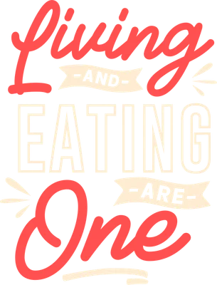 Thiết kế typography với dòng chữ 'Living -AND- EATING -ARE- One' màu đỏ và kem trên nền xám.