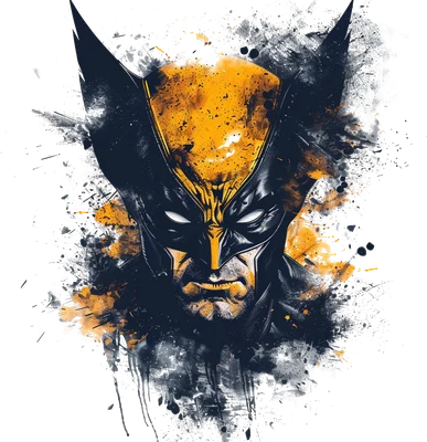 Hình ảnh đầu Wolverine với mặt nạ đen vàng, mắt trắng, hiệu ứng vệt sơn grunge, nền xám.